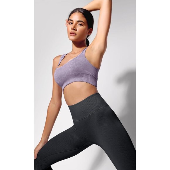 Women's Stone Washing Lavender Square Neck Low Back Ribbed Cropped Sports Bra - Picture 4 of 5